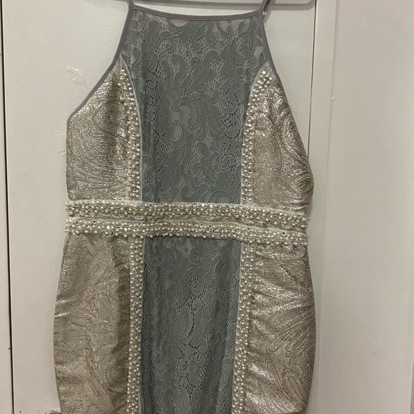 Pale Blue Premium High Neck Jacquard Lace Panel Mini Dress- Size 10 - Picture 4 of 5